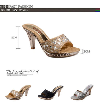 Close-up of luxurious women's party sandals showcasing the exquisite rhinestone accents and modern spike heel design.