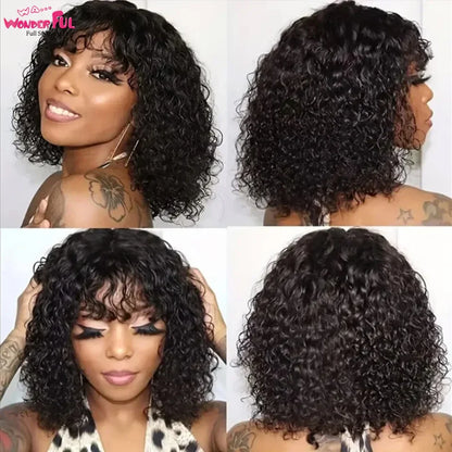 Close-up of the Brazilian Jerry Curl Bob Wig, highlighting the exquisite fine Remy human hair and luscious bangs, designed for sophisticated looks in short lengths.