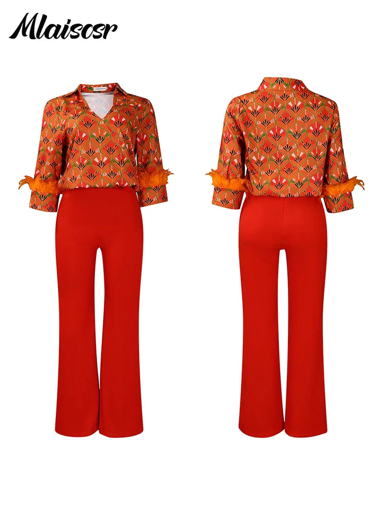 Mlaiscsr's 2-piece set including elegant wide leg pants paired with a feather print top, ideal for autumn/winter fashion.