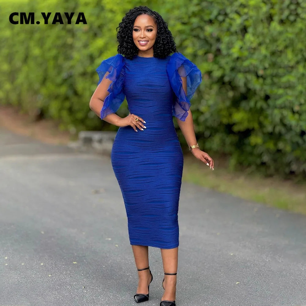 Elegant model wearing the CM.YAYA Women's Striped Knee Length Dress, highlighting its flattering silhouette and fashionable butterfly sleeves.