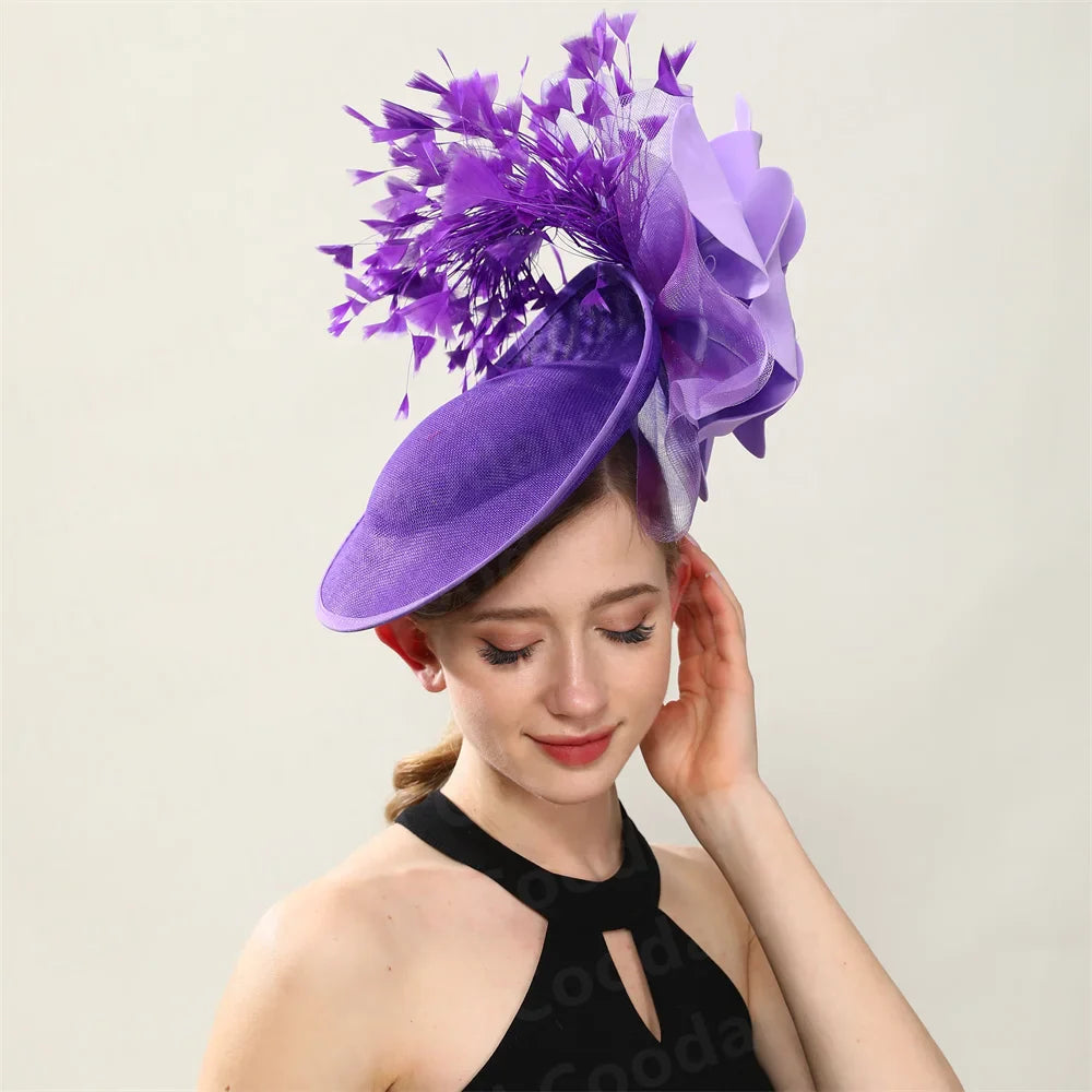 Elegant purple women’s fascinator hat, perfect for weddings and special occasions, showcasing a stylish pillbox design.