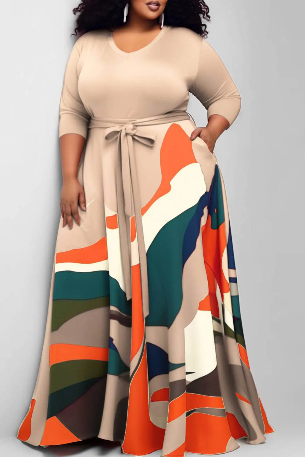 Versatile plus size maxi dress in radiant red, adorned with a unique geometric print, designed for comfort and sophistication.