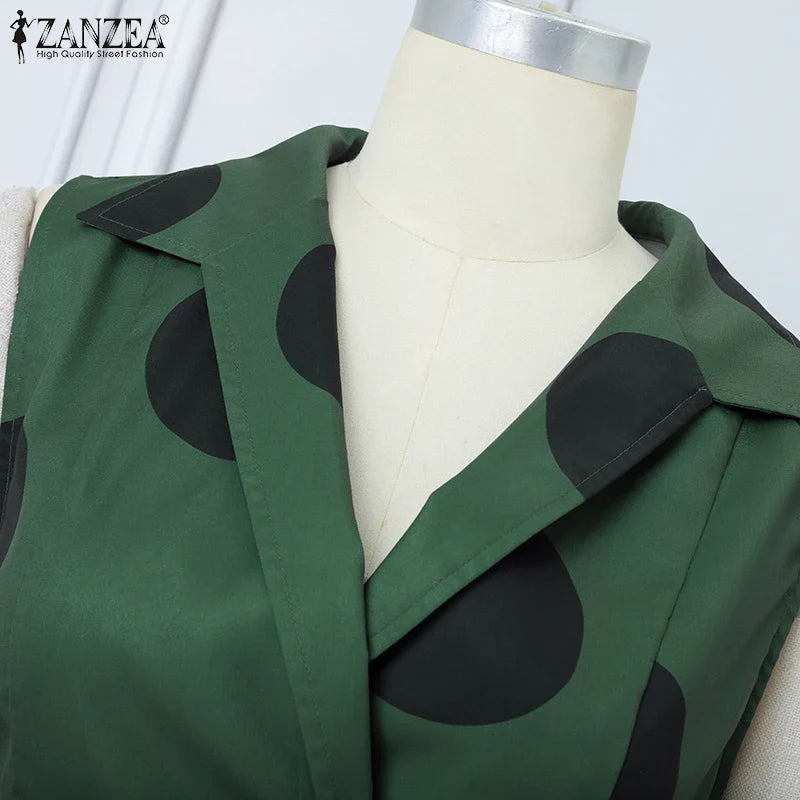 ZANZEA luxurious A-line polka dot maxi dress with a turn-down collar and stylish tank sleeves, designed for middle-aged women.