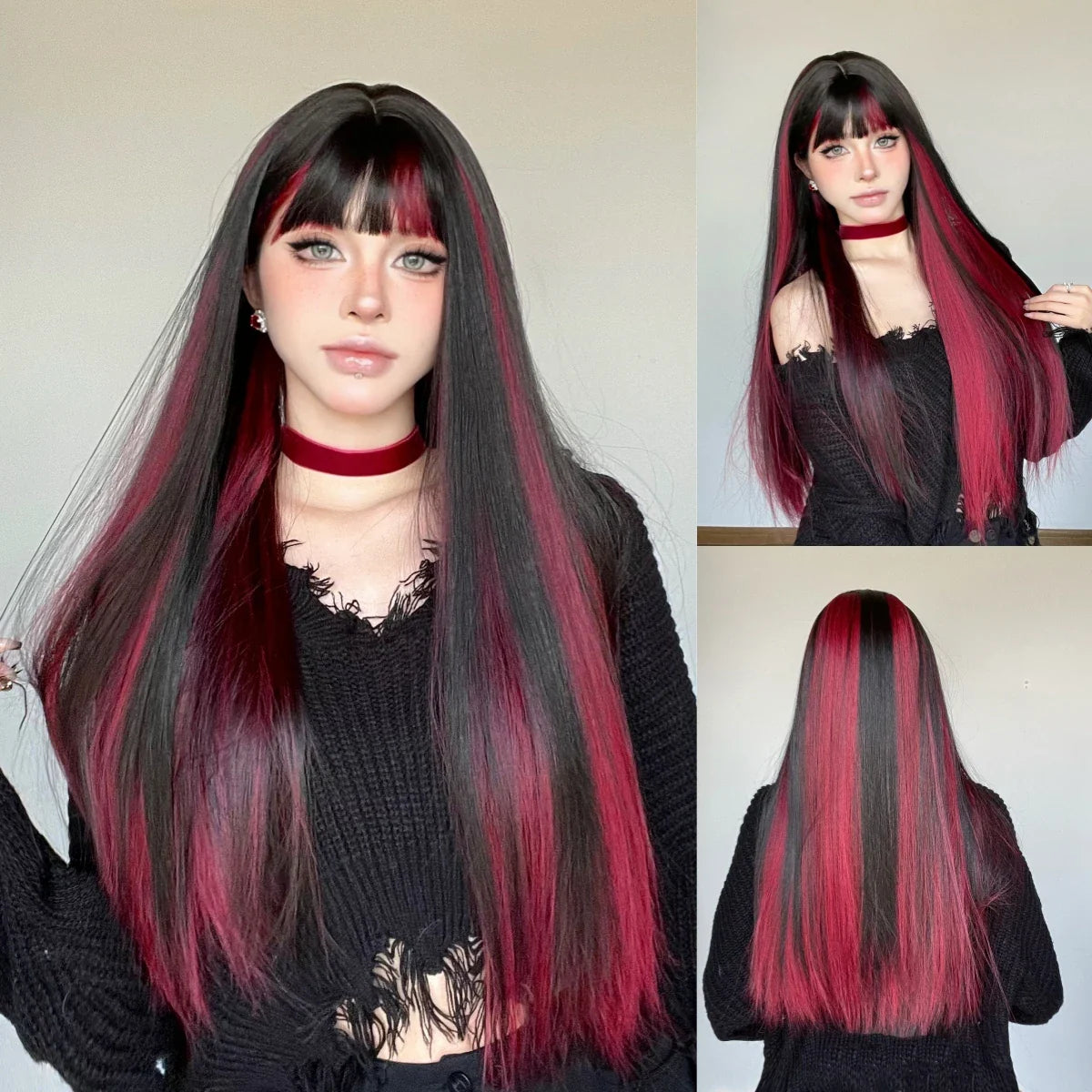 Sophisticated long straight wig featuring vibrant red highlights on black, an ideal choice for trendy women.