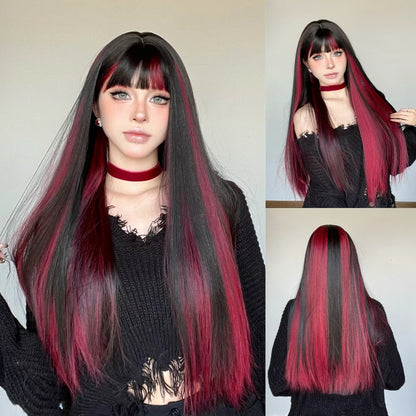 Sophisticated long straight wig featuring vibrant red highlights on black, an ideal choice for trendy women.