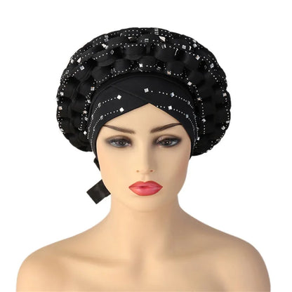 Luxurious African Headtie Turban with slight stretch for a comfortable fit, embellished with dazzling diamonds, perfect for formal events and gatherings.
