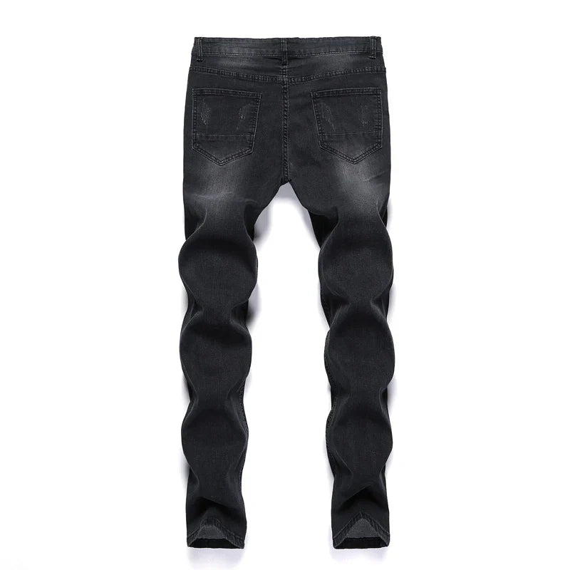 Luxury men's skinny jeans in vintage stonewashed denim, highlighting midwaist fit and superior comfort for all-day wear.