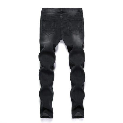 Luxury men's skinny jeans in vintage stonewashed denim, highlighting midwaist fit and superior comfort for all-day wear.