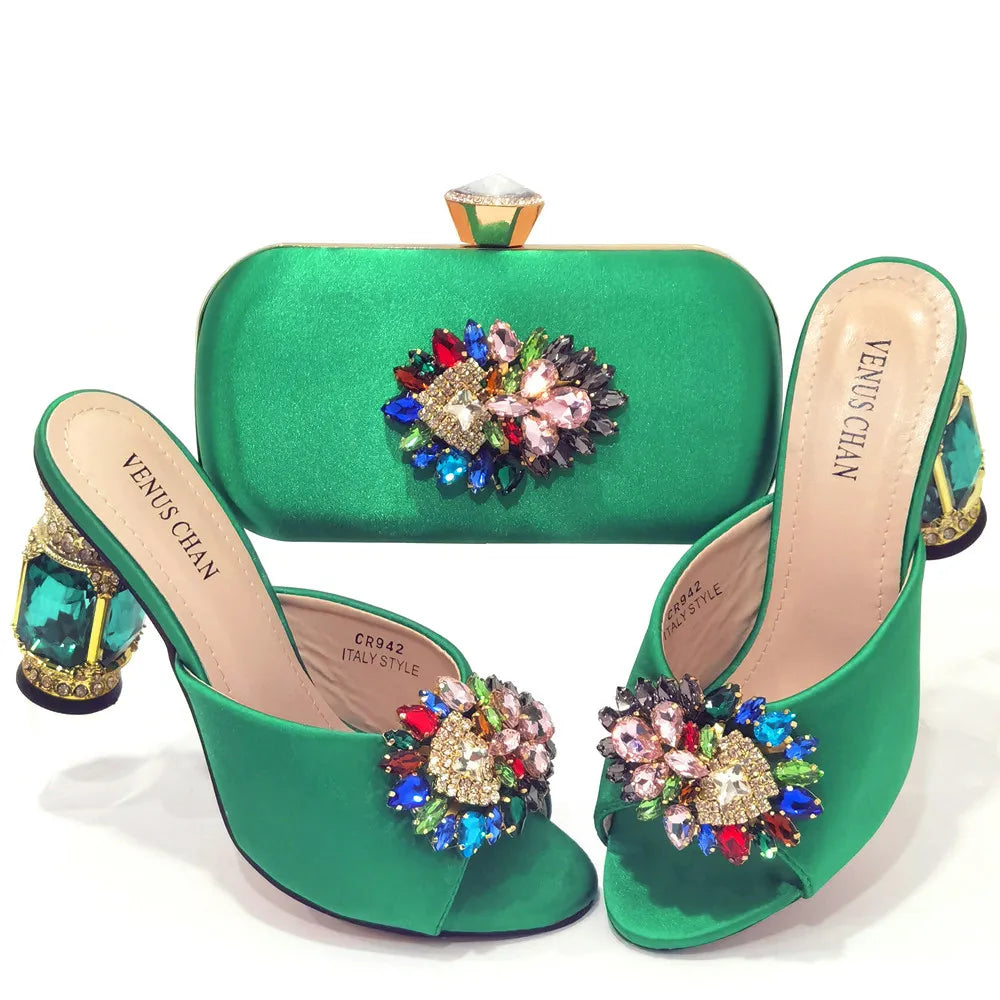 Complete luxury ensemble featuring yellow stiletto heels and evening bag, ideal for weddings and elegant events.