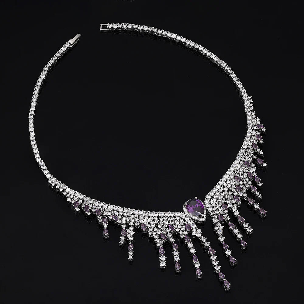 Close-up of sparkling cubic zirconia earrings from a luxury bridal jewelry set, showcasing a trendy geometric style ideal for weddings.