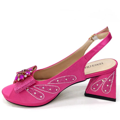 Stylish view of Venus Chan high heels adorned with rhinestones, highlighting the comfortable peep toe design and high heel for upscale parties.