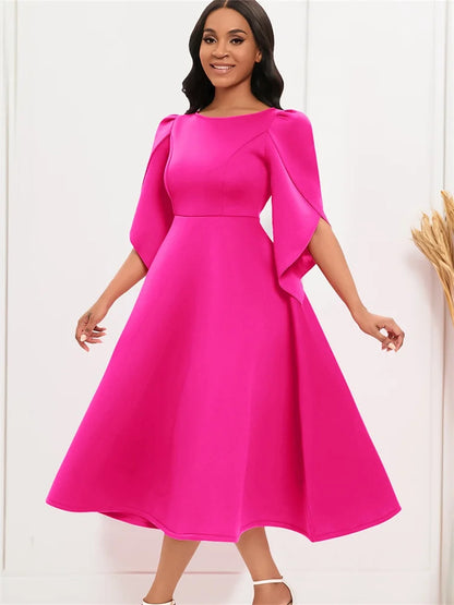 Stylish back view of the Wmstar Women's Elegant A-Line Banquet Dress showcasing its graceful silhouette and three-quarter sleeves, emphasising comfort and elegance for summer fashion.