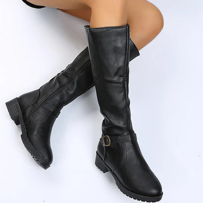 Exquisite knee-high platform boots in elegant PU leather, complete with a fashionable square heel and tasteful buckle detail for a luxurious look.