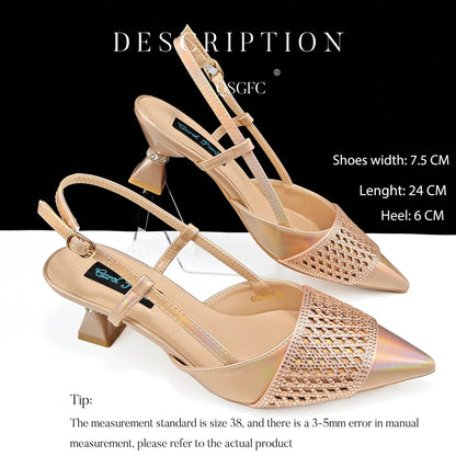 Close-up of luxurious rhinestone-embellished pointed toe pumps for women, designed for party elegance and comfort.
