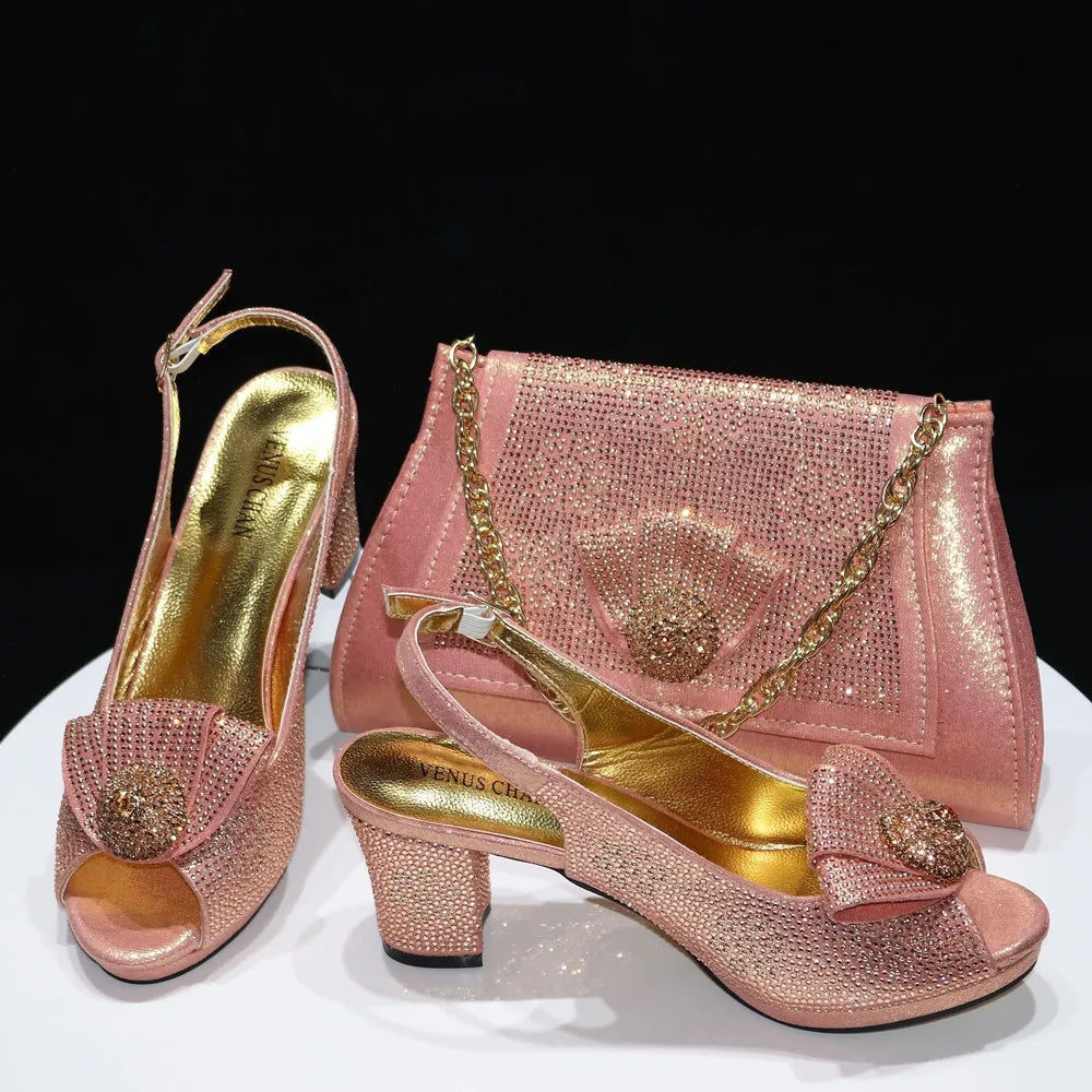 Complete view of Venus Chan women's wedding shoes and matching bag set, showcasing a fashionable blend of style and luxury for special occasions.
