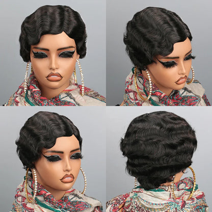 Elegant model wearing a short brown ocean pixie wave wig made from high-quality Remy hair, styled for a chic and refined look.