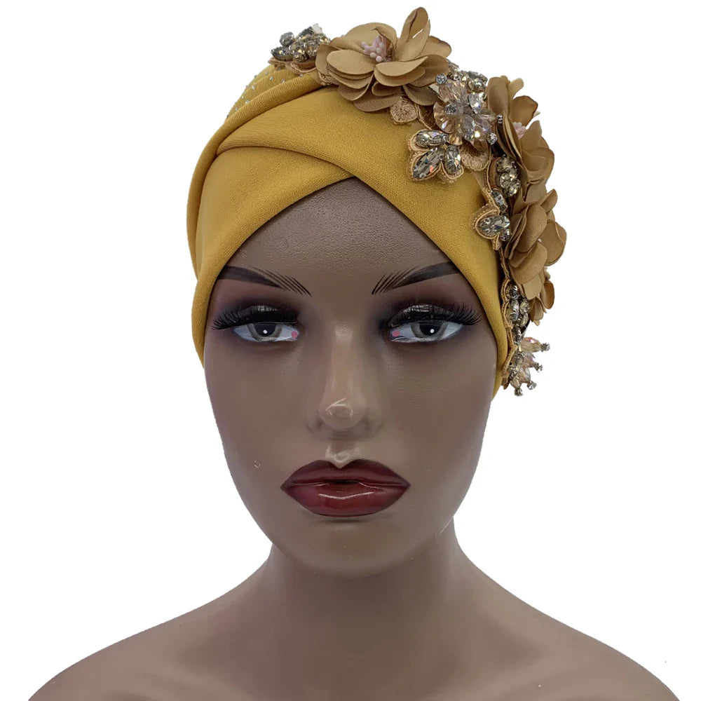 Luxurious African turban cap adorned with elegant rhinestone accents, perfect for stylish women looking to elevate their headwear fashion.