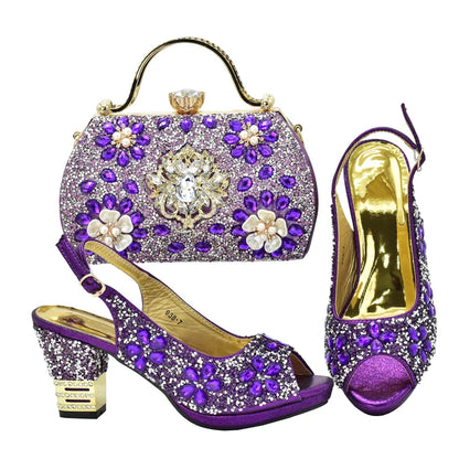 Elegant purple wedding shoes and bag set with floral pattern, designed for women who appreciate luxury in their footwear.