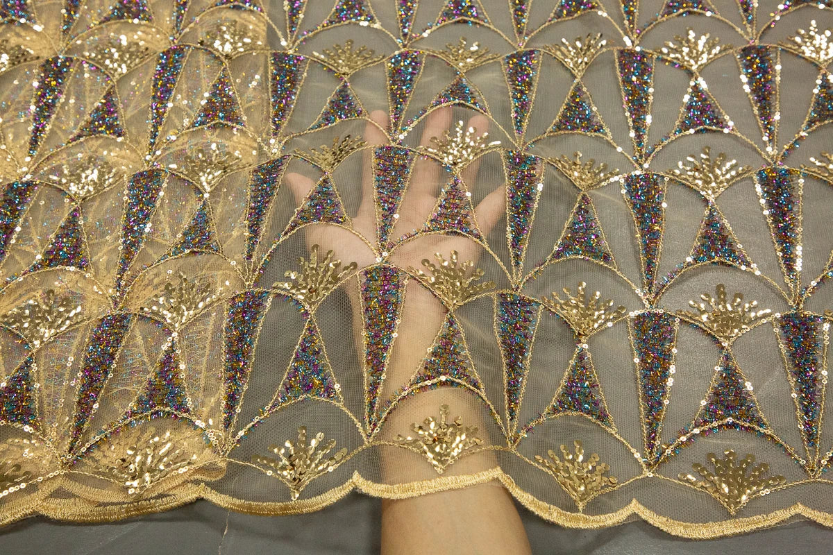 Elegant African lace fabric by Kalume, featuring a blend of polyester and cotton, designed for high-end fashion garments.