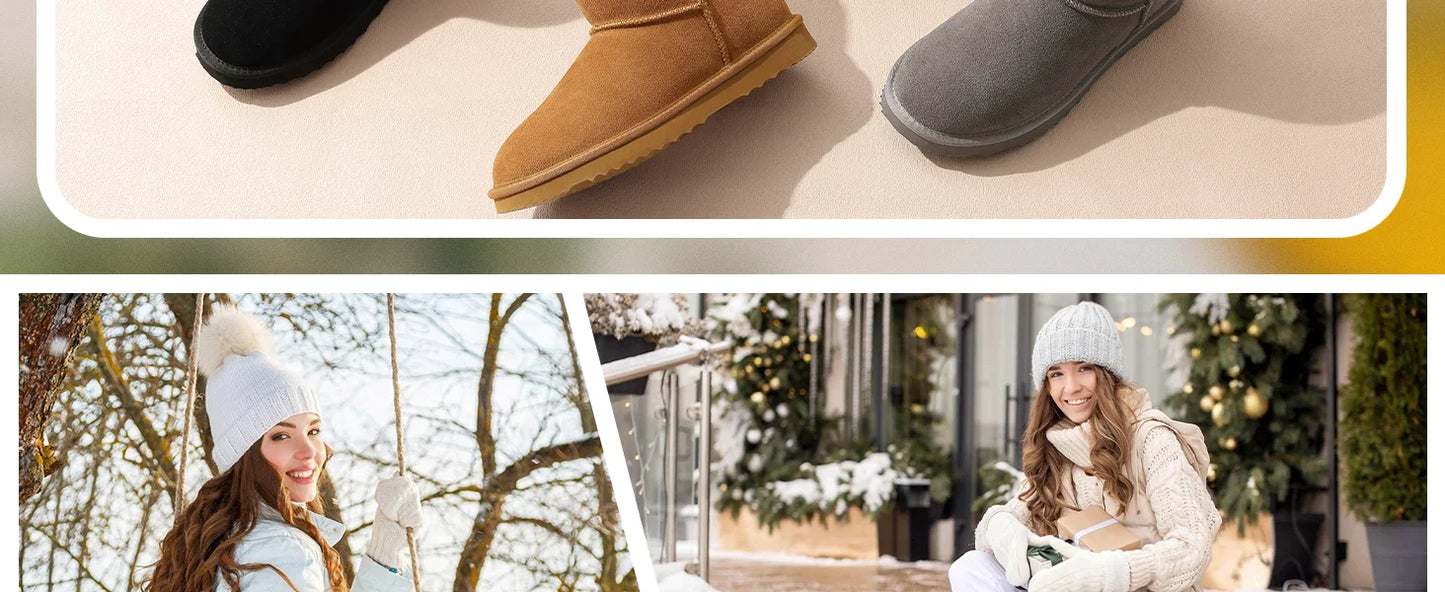 Luxurious close-up of women's suede ankle snow boots showcasing plush material and meticulous craftsmanship, ideal for winter elegance.