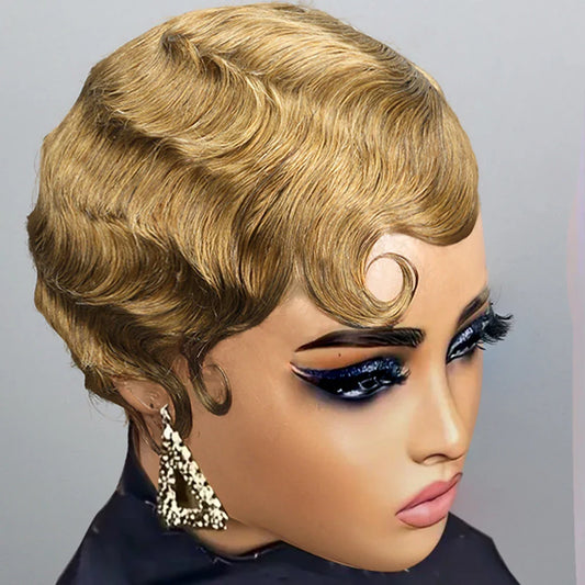 Luxurious 180% density finger wave pixie wig made from high-quality Brazilian Remy human hair, featuring a short length of 4-16 inches, showcasing elegant waves.