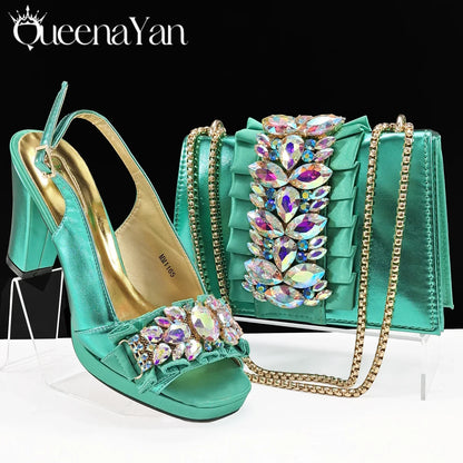 Elegant green women's high heels with rhinestone decoration, featuring a slip-on design and ankle strap, perfect for sophisticated occasions.