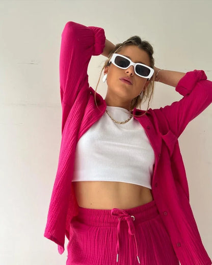 Fashionable women's luxury grass green 2-piece set styled with a casual look, ideal for summer outings.