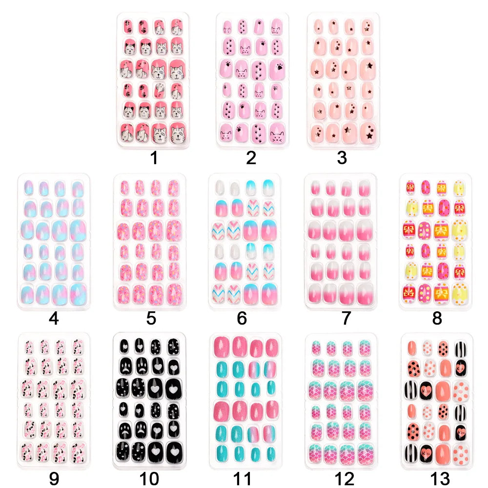 Chic and stylish kids' nail decoration set featuring 24 false acrylic nails in charming candy flower designs, a delightful gift for young fashionistas.