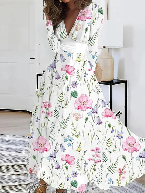 Full view of women’s elegant autumn floral maxi dress, highlighting its natural waistline and full-length sleeves.