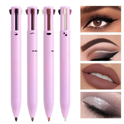 Elegant 4-in-1 Multi-Functional Lip Liner, Eyeliner, Eyebrow Pencil Set showcasing four luxurious shades in a beautifully arranged display.
