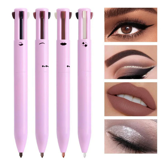 Elegant 4-in-1 Multi-Functional Lip Liner, Eyeliner, Eyebrow Pencil Set showcasing four luxurious shades in a beautifully arranged display.