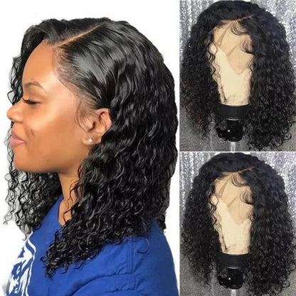 Luxury glueless water wave HD lace frontal bob wig crafted from premium Brazilian Remy hair, showcasing natural wavy curls in a sophisticated short style.