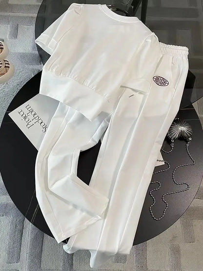 Showcasing the wide leg pants from the leisure sports set for women, highlighting the high stretch material and comfortable fit for stylish summer outings.