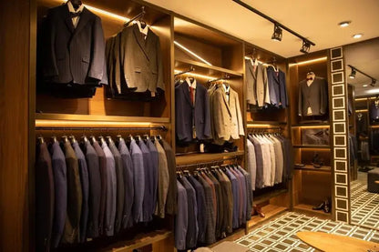 Close-up of premium fabric detail on a men’s slim fit business suit, illustrating the sophisticated texture and craftsmanship.