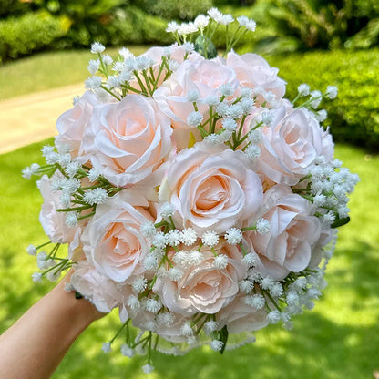 Elegant silk wedding bouquet featuring delicate babysbreath roses and intricate pearl lace, perfect for brides and bridesmaids.