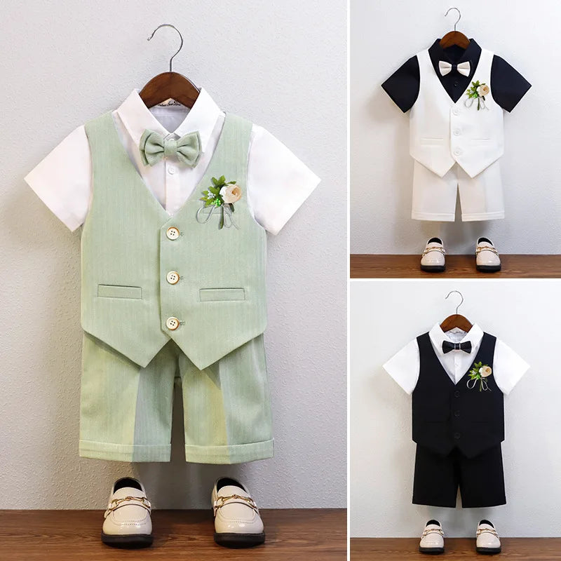 Elegant green and white boys baptism suit with exquisite detailing, suitable for formal occasions and designed for ages 7-13 years.