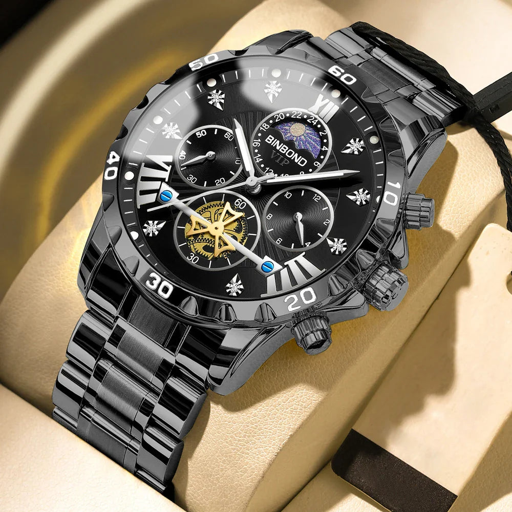 Luxury stainless steel men's quartz watch showcasing a chronograph feature, moon phase display, and elegant Roman numeral dial in a sophisticated round case.