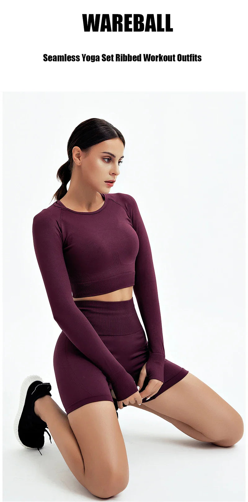 Elegant black WAREBALL seamless yoga set for women, combining a sports bra and leggings in a luxurious design that embodies both style and performance.