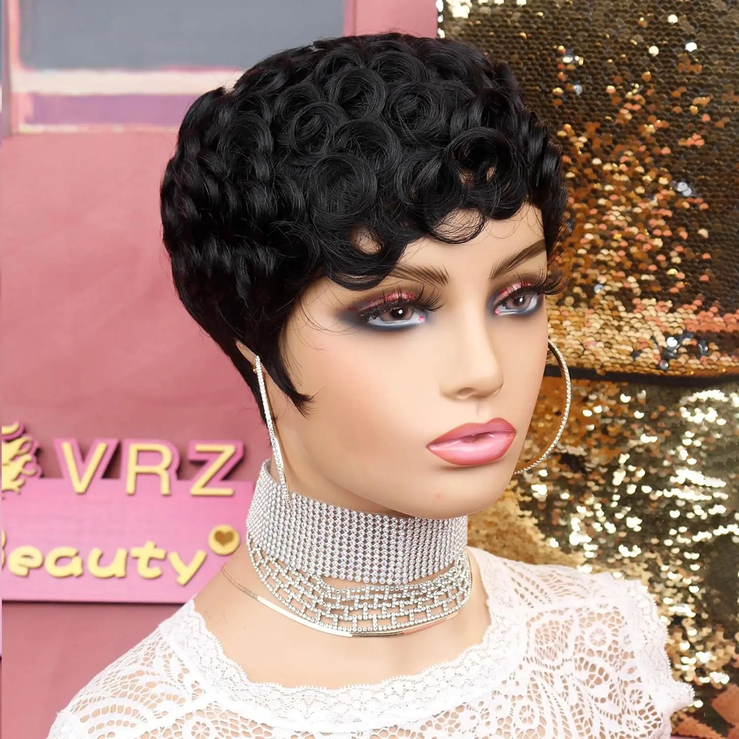 Opulent short curly pixie hairstyle wig for women, featuring 180% density, perfect for enhancing casual or formal looks with an air of elegance.