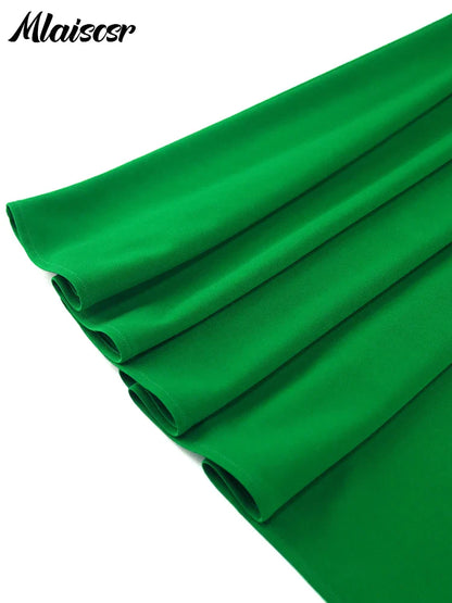 Mlaiscsr Green Elegant Office Lady Dress featuring O-neckline and pearl mesh lantern sleeves in an A-line silhouette, perfect for formal autumn/winter occasions.