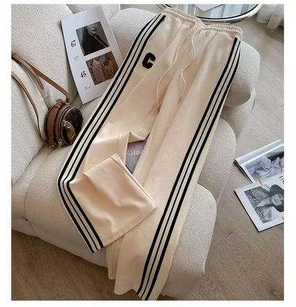 Luxurious women's autumn winter leisure two-piece sports set featuring wide leg pants and an intricately embroidered coat for an elegant high street look.