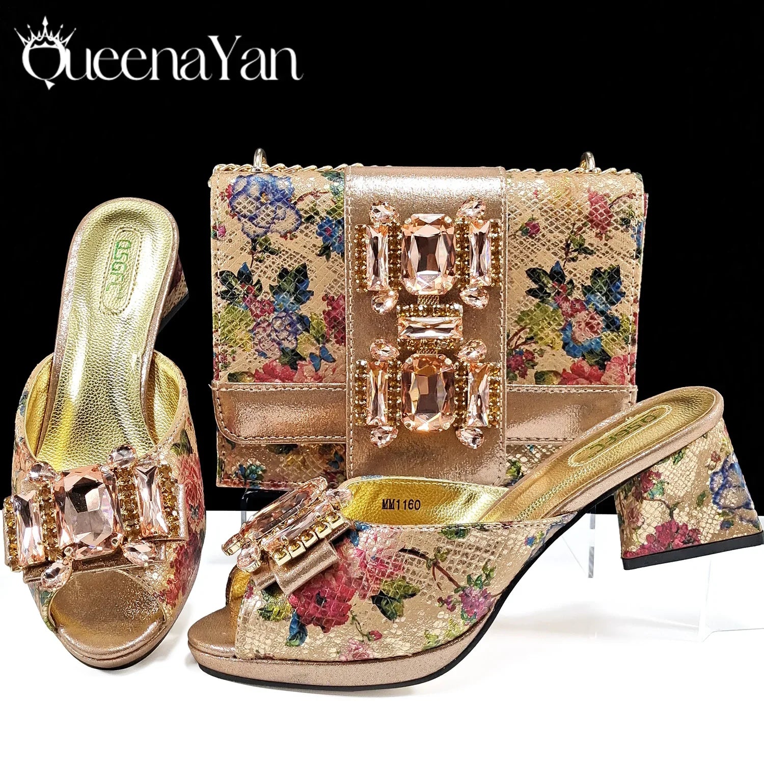 Elegantly crafted QSGFC women's rose gold high heel sandals with crystal embellishments, perfect for parties and special occasions, showcasing a luxurious design and peep toe style.