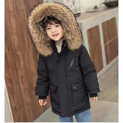 Luxurious thick winter jacket for kids, crafted from soft velvet with a cozy hood and zipper closure for a snug fit.