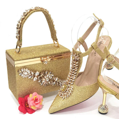 Luxury women's shoe and bag set in striking red, ideal for fashionable outfits on special occasions.