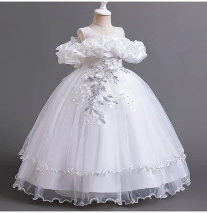 Stylish embroidered mesh evening dress adorned with pearls, epitomising luxury for young girls seeking elegance and charm.