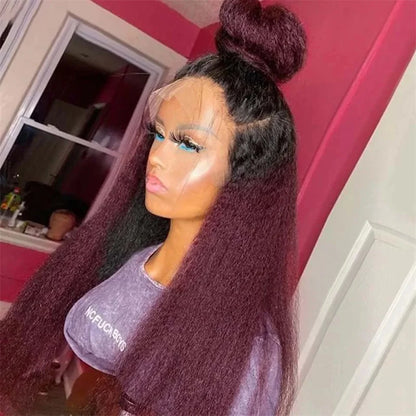 Yaki Long Ombre Lace Front Wig in 99J and 30'' length, featuring a luxurious kinky straight texture and baby hair for a natural look.