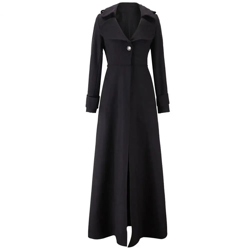 Stylish woolen long trench coat for women, highlighted by a streamlined design with single button fastening and sophisticated turn-down collar, embodying luxury and comfort.