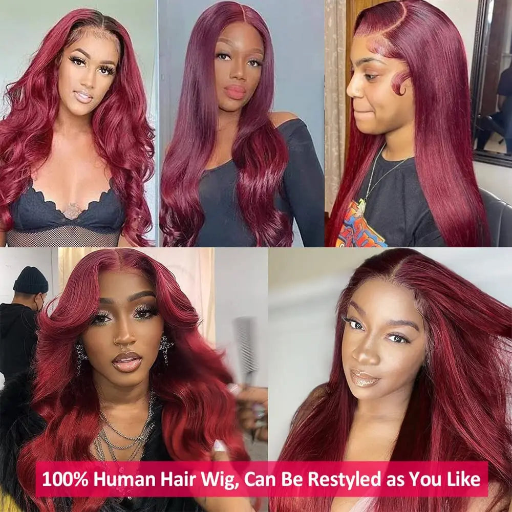 Luxury 13x4 Burgundy 99J Glueless Lace Front Wig for women, crafted with 200 density straight Remy human hair, showcasing an elegant style with a transparent Swiss lace base for a seamless appearance.