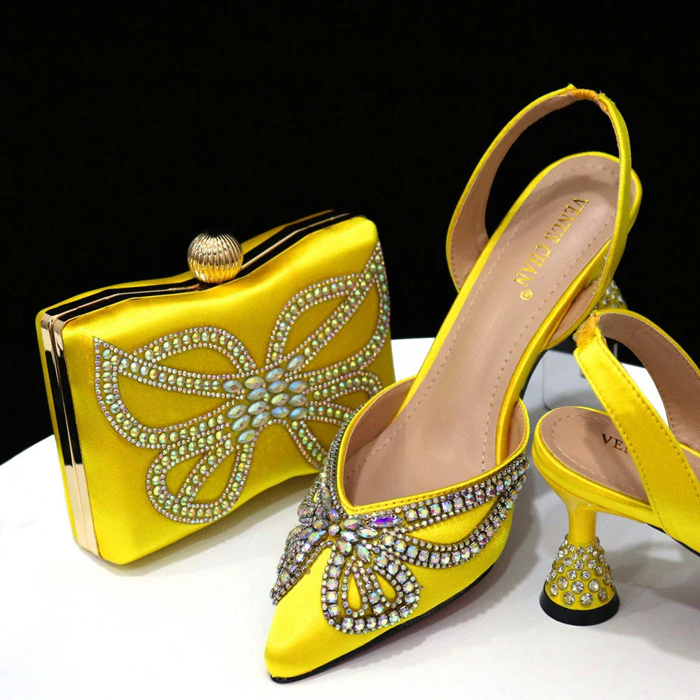 Detailed close-up of Venus Chan Yellow Classy Bowknot sandals showcasing high spike heels and intricate design, perfect for fashionable women.