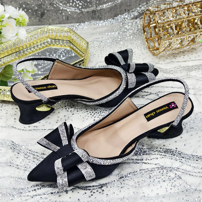 Elegant women's low heel fashion pumps displayed alongside a stylish handbag, highlighting the perfect set for women's formal events.